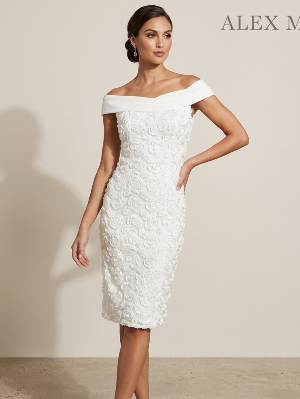 Alex Marie White Off-Shoulder Textured Floral Sheath Dress size 14